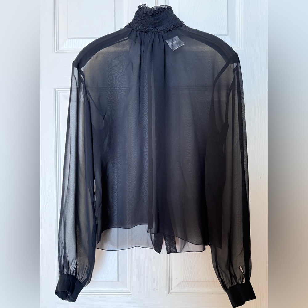 Authentic CHANEL Beautiful Black 100% Silk Blouse Stand Collar Made In France